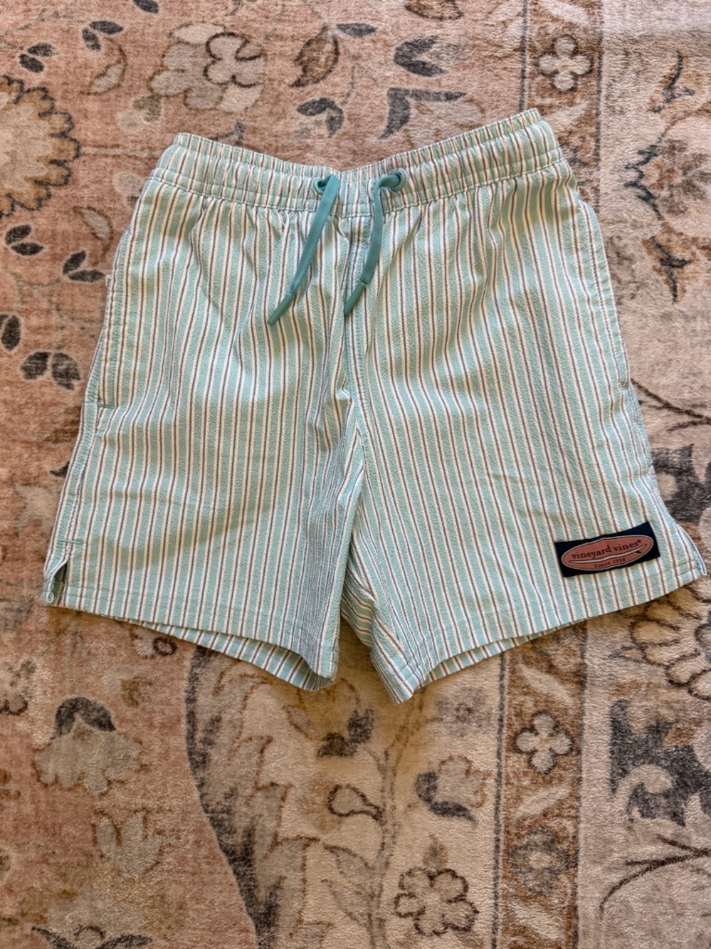 Vineyard Vines Mint and White Striped Boys' Swim Trunks